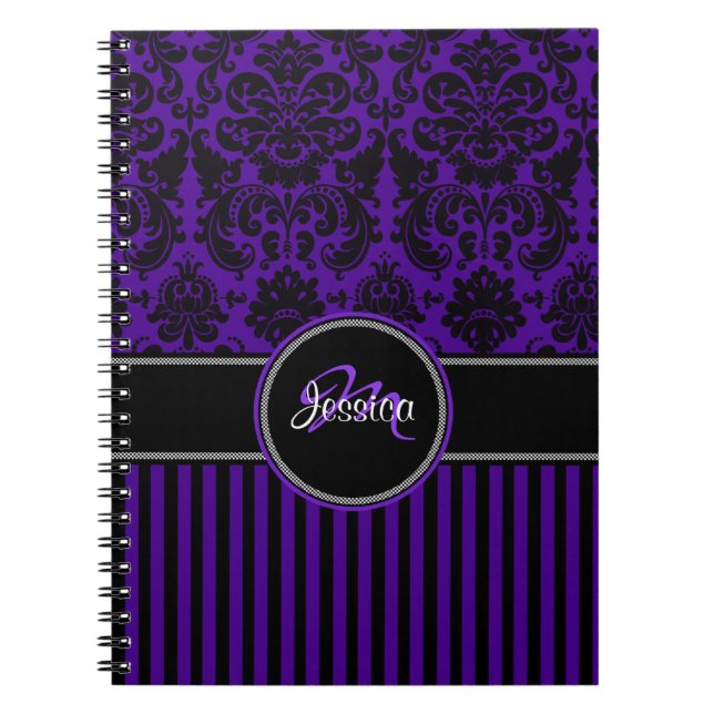 Personalized Purple Black White Striped Damask Notebook (Front)