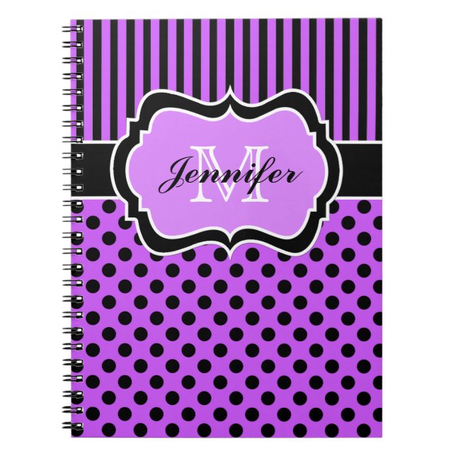 Personalized Purple Black White Striped Polka Dots Notebook (Front)