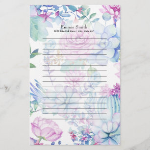 Personalized Purple Blue Cactus and Floral White Stationery
