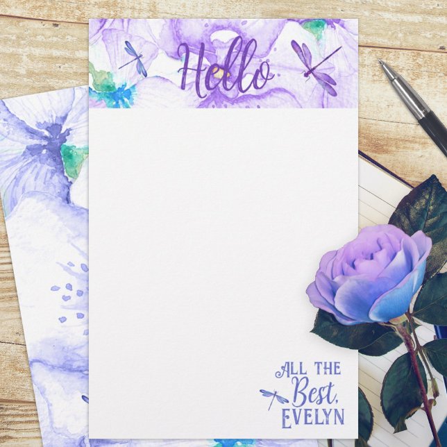 Personalized Purple & Blue Dragonfly Stationery (whimsical purple blue dragonflies dragonfly budget personalized letter stationary paper sheets)