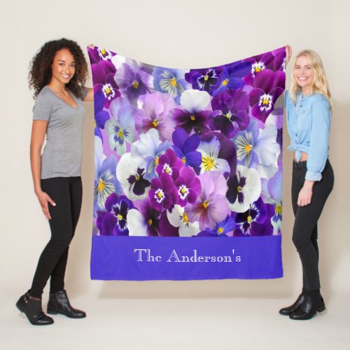 Personalized Purple Blue White Floral Pansy Flower Fleece Blanket