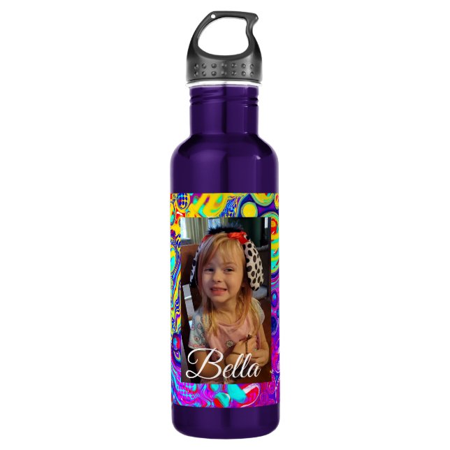 Personalized Purple, Blue, Yellow Photo   Stainless Steel Water Bottle (Front)