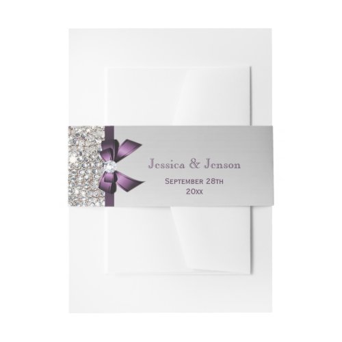 Personalized Purple Bow and Diamonds Wedding Invitation Belly Band
