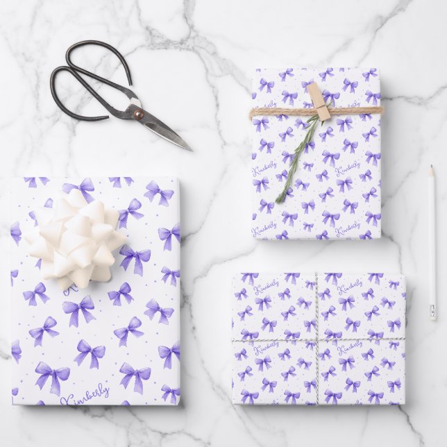 Personalized Purple Bow Name Wrapping Paper Sheets (Front)