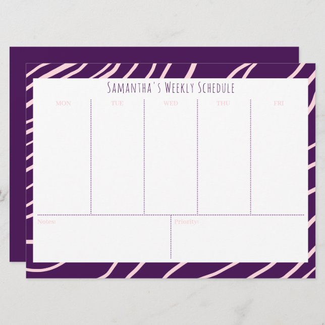 Personalized Purple Budget Weekly Schedule (Front/Back)