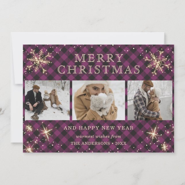 Personalized Purple Buffalo Plaid 3 Photo Holiday Card (Front)
