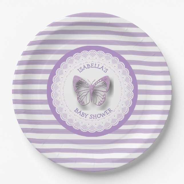 Personalized Purple Butterfly Baby Shower Plates (Front)