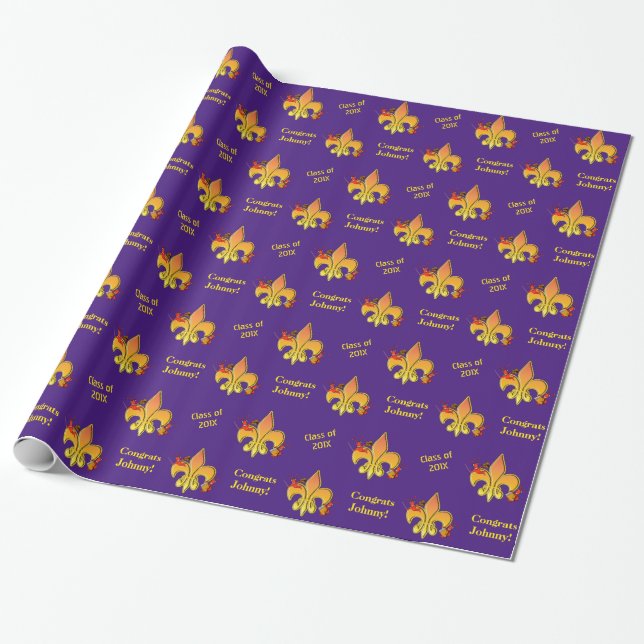 Personalized Purple Cajun Crawfish Fleur de Lis Wrapping Paper (Unrolled)