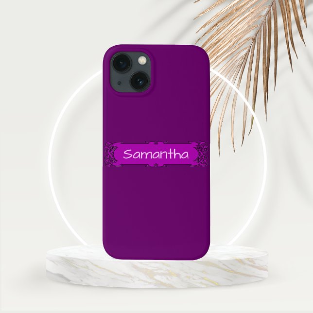 Personalized Purple Center Banner  Case-Mate iPhone Case (Personalized Purple Banner Phone Case  with Gold Frond Mockup)