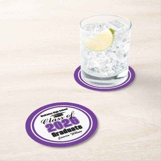 Personalized Purple Class of 2026 Graduation Party Round Paper Coaster (Insitu)