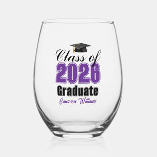 Personalized Purple Class of 2026 Graduation Stemless Wine Glass