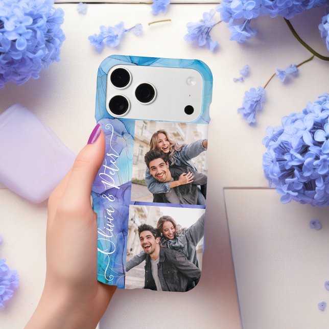 Personalized Purple Couple photo collage with name iPhone Case (Creator Uploaded)