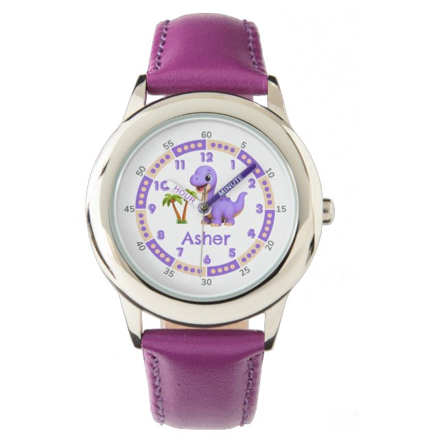 Personalized Purple Cute Dinosaur Time-Teaching  Watch (Front)