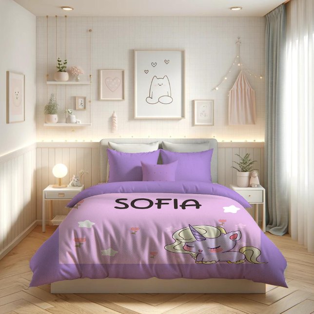 Personalized Purple Cute Unicorn Duvet Cover (Purple cute unicorn)