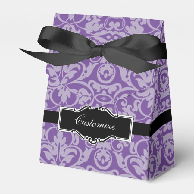 Personalized Purple Damask Pattern Tent Favor Box (Front Side)
