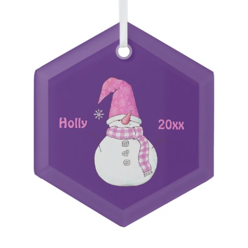 Personalized Purple Decorated Snowman Name Year  Glass Ornament