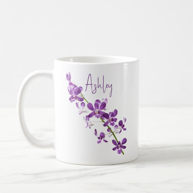 Personalized purple dendrobium orchid art coffee mug (Left)