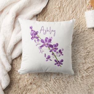 Personalized purple dendrobium orchid art throw pillow