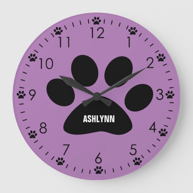 Personalized Purple Dog Paw Large Clock (Front)
