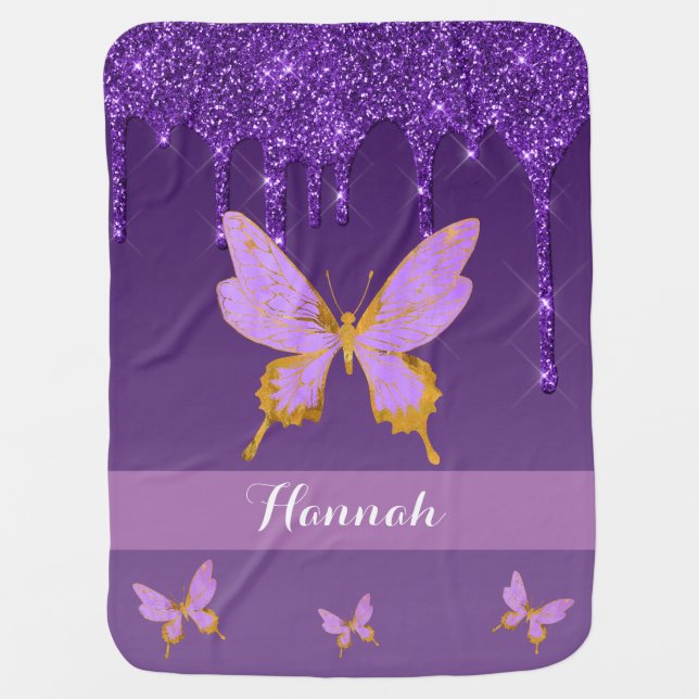 Personalized Purple Dripping Glitter & Butterfly Baby Blanket (Front)