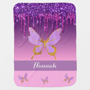 Personalized Purple Dripping Glitter & Butterfly Baby Blanket