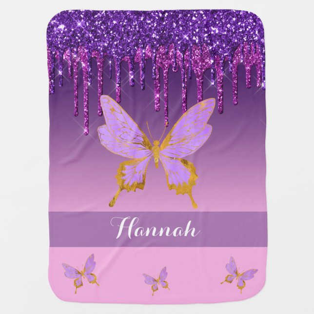 Personalized Purple Dripping Glitter & Butterfly Baby Blanket (Front)
