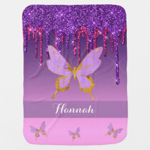 Personalized Purple Dripping Glitter & Butterfly Baby Blanket