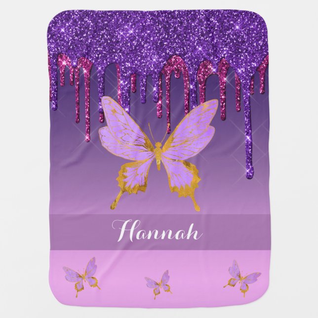 Personalized Purple Dripping Glitter & Butterfly Baby Blanket (Front)