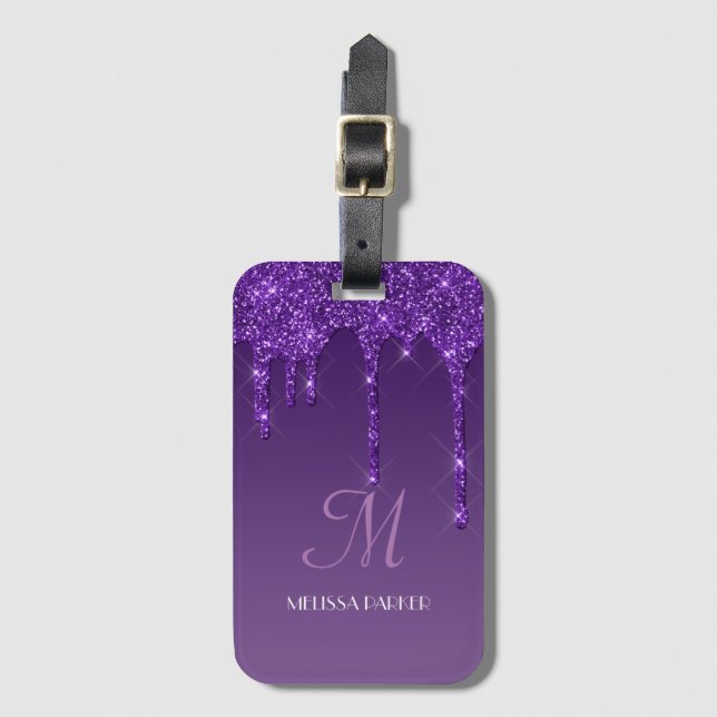 Personalized Purple Dripping Glitter Luggage Tag (Front Vertical)