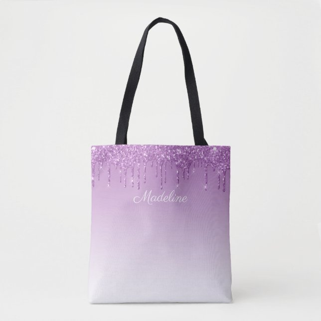 Personalized Purple Dripping Glitter Tote Bag (Front)