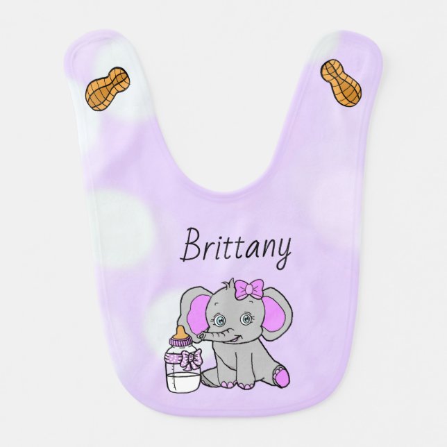 Personalized Purple  Elephant Girl's Baby Bib (Front)