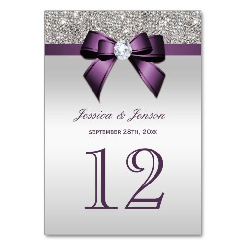 Personalized Purple Faux Bow Silver Sequins Table Number