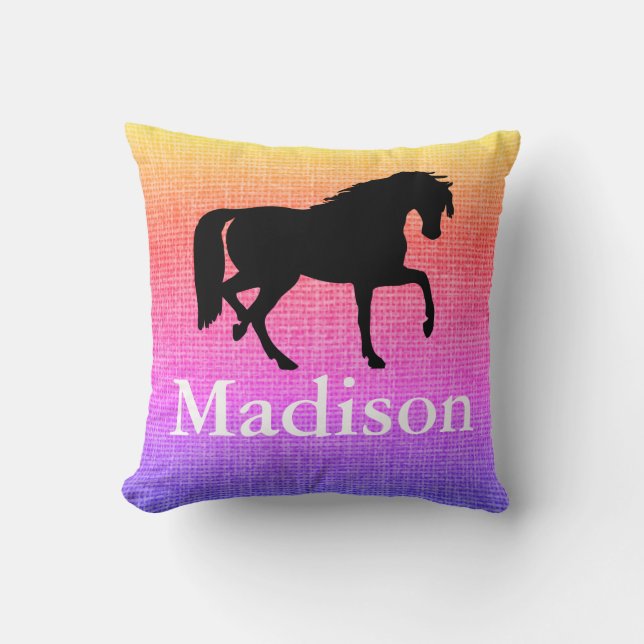 Personalized Purple Faux Burlap Horse Silhouette Throw Pillow (Front)
