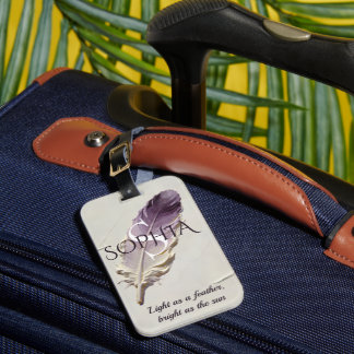 Personalized Purple Feather Custom Name Monogram Luggage Tag