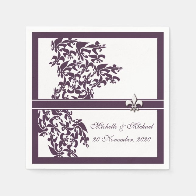 Personalized Purple Fleur de Lis Damask Style Napkins (Front)
