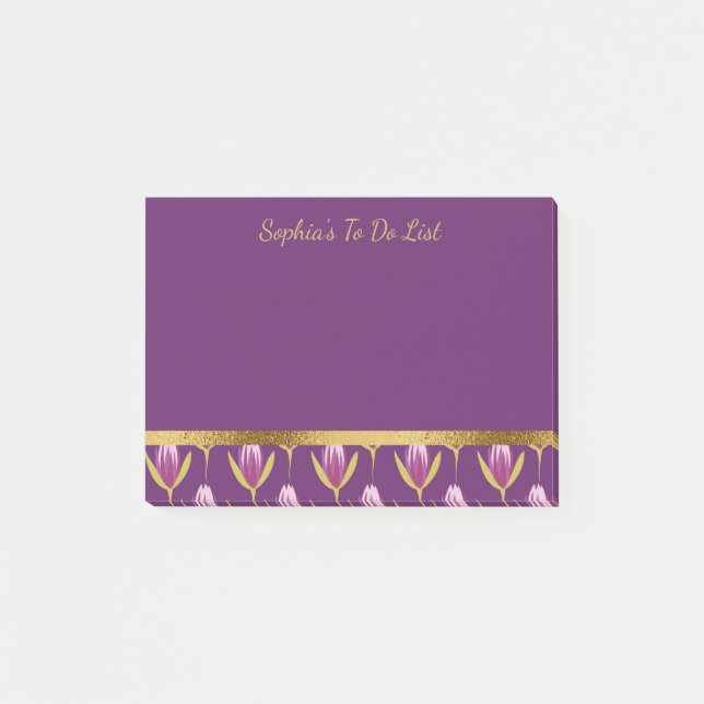 Personalized Purple Floral and Gold Pattern Post-it Notes (Front)