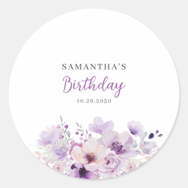 Personalized Purple Floral Birthday  Classic Round Sticker (Front)