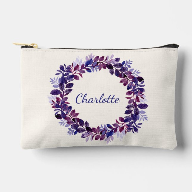 Personalized Purple Floral Bridal Party Favor Accessory Pouch (Front)