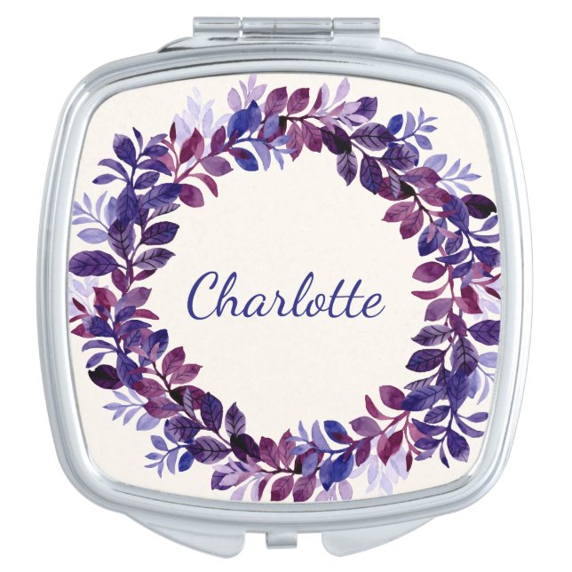 Personalized Purple Floral Bridal Party Favor Compact Mirror (Front)