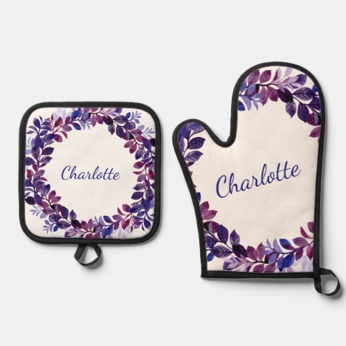 Personalized Purple Floral Bridal Party Favor Oven Mitt  Pot Holder Set