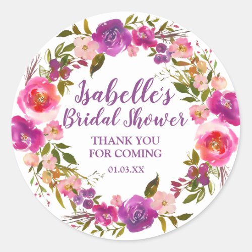 Personalized Purple Floral Bridal Shower Favor Classic Round Sticker