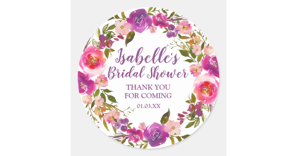 Personalized Purple Fl Bridal Shower Favor Clic Round Sticker Bridal Shower Favor Clic Round Sticker