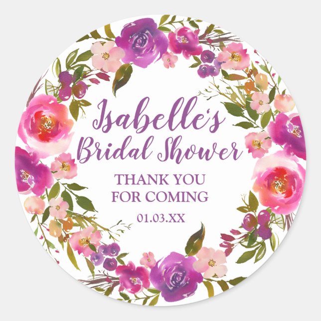 Personalized Purple Floral Bridal Shower Favor Classic Round Sticker (Front)