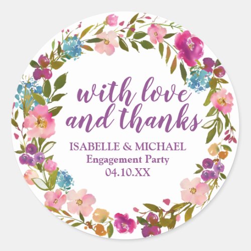 Personalized Purple Floral Engagement Party Classic Round Sticker