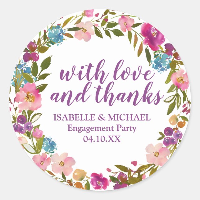 Personalized Purple Floral Engagement Party Classic Round Sticker (Front)