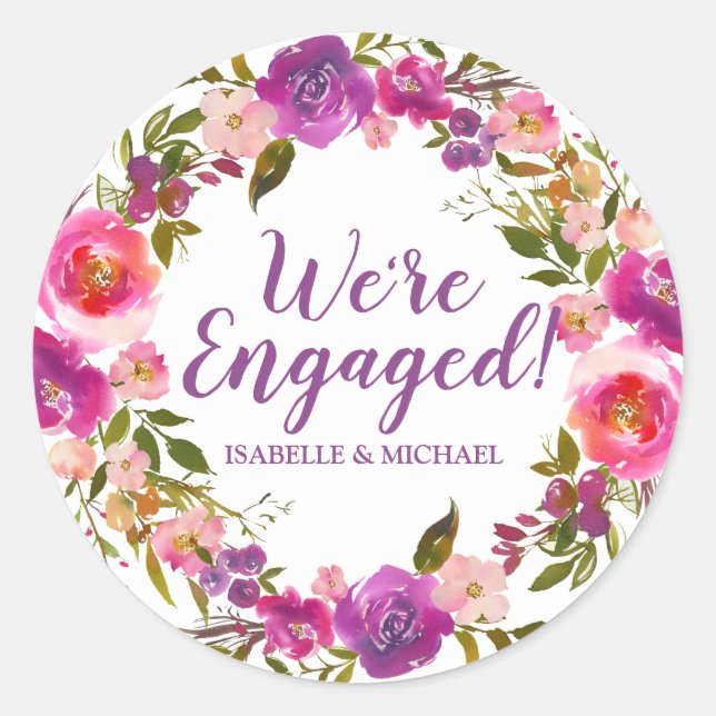 Personalized Purple Floral Engagement Sticker (Front)