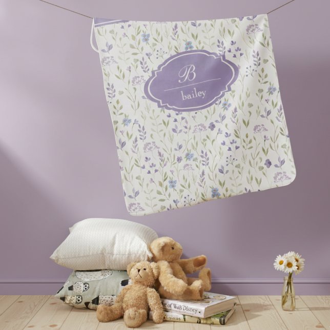 Personalized Purple Floral Monogram Baby Blanket (personalized purple wildflower meadow floral baby blanket with custom monogram initial and name)