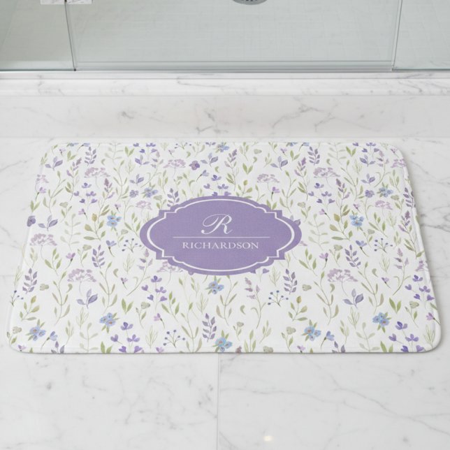 Personalized Purple Floral Monogram Bath Mat (purple blue wildflower floral bathmat with custom monogram initial and family name)