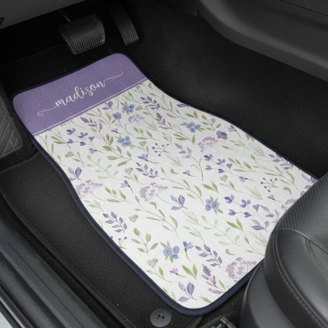 Personalized Purple Floral Monogram Car Floor Mat (personalized purple wildflower floral meadow car floor mat with custom name in calligraphy script)