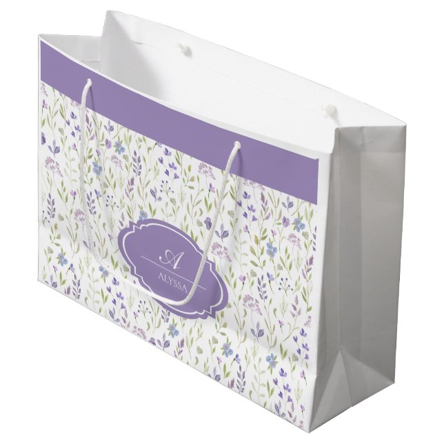 Personalized Purple Floral Monogram Large Gift Bag (Front Angled)